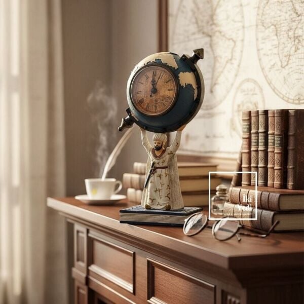 Kanuni Sultan Süleyman Figürlü Dünya Küreli Masa Saati Osmanlı Temalı Ofis Hediyesi Tarihi Dekor