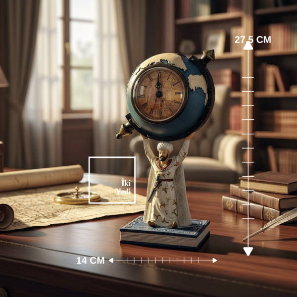 Kanuni Sultan Süleyman Figürlü Dünya Küreli Masa Saati Osmanlı Temalı Ofis Hediyesi Tarihi Dekor