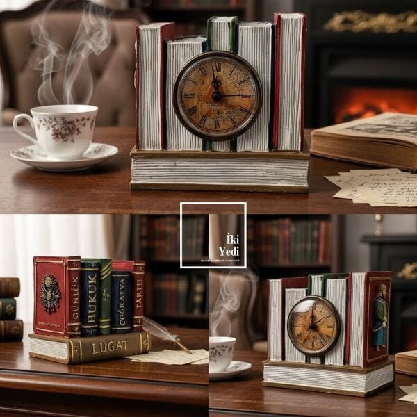 Fatih Sultan Mehmet Figürlü Kalemlikli Masa Saati Kitap Tasarımlı Ofis Hediyesi Osmanlı Dekor Tarih
