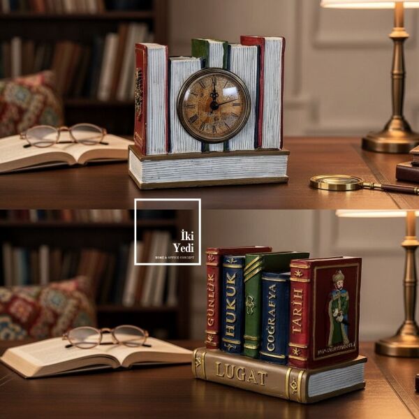 Fatih Sultan Mehmet Figürlü Kalemlikli Masa Saati Kitap Tasarımlı Ofis Hediyesi Osmanlı Dekor Tarih