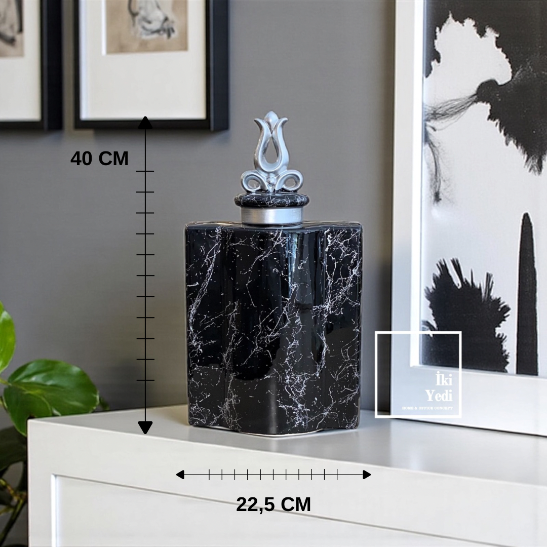 Verniew Siyah Büyük Dekoratif Kapaklı Mermer Desenli Lüks Vazo Obje Salon Antre Ofis Aksesuarı