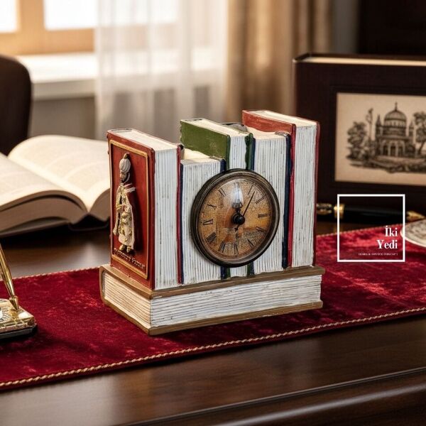 Kanuni Sultan Süleyman Figürlü Kalemlikli Masa Saati Tarihi Ofis Hediyesi Osmanlı Temalı Dekor Şık