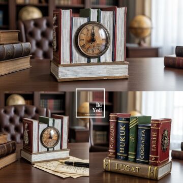 Kanuni Sultan Süleyman Figürlü Kalemlikli Masa Saati Tarihi Ofis Hediyesi Osmanlı Temalı Dekor Şık