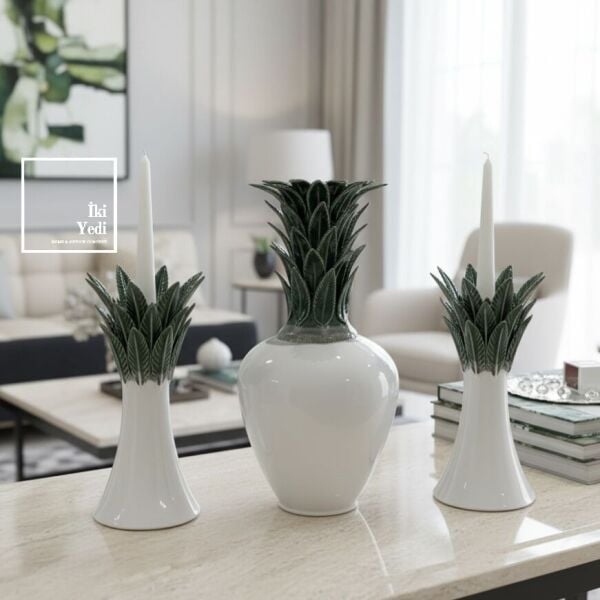 Hannah Lüks 3’lü Vazo ve Mumluk Seti, Modern Salon Dekoru Şık Orta Sehpa ve Konsol Aksesuarı VIP Ev