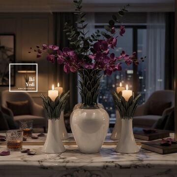 Hannah Lüks 3’lü Vazo ve Mumluk Seti, Modern Salon Dekoru Şık Orta Sehpa ve Konsol Aksesuarı VIP Ev