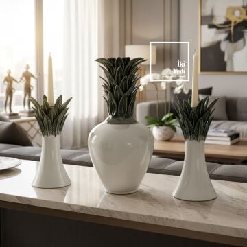 Hannah Lüks 3’lü Vazo ve Mumluk Seti, Modern Salon Dekoru Şık Orta Sehpa ve Konsol Aksesuarı VIP Ev