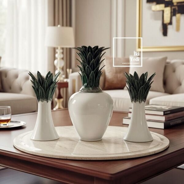 Hannah Lüks 3’lü Vazo ve Mumluk Seti, Modern Salon Dekoru Şık Orta Sehpa ve Konsol Aksesuarı VIP Ev