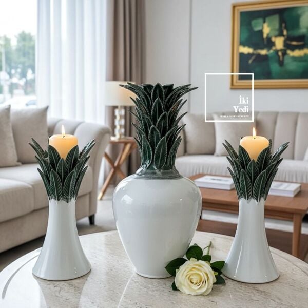 Hannah Lüks 3’lü Vazo ve Mumluk Seti, Modern Salon Dekoru Şık Orta Sehpa ve Konsol Aksesuarı VIP Ev