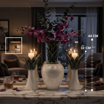 Hannah Lüks 3’lü Vazo ve Mumluk Seti, Modern Salon Dekoru Şık Orta Sehpa ve Konsol Aksesuarı VIP Ev