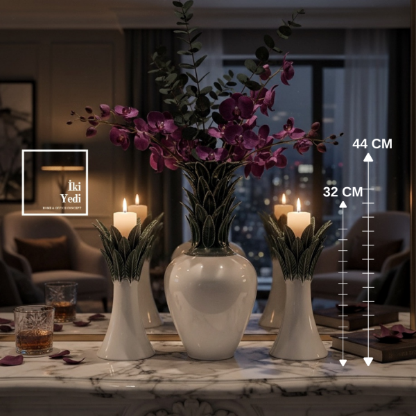 Hannah Lüks 3’lü Vazo ve Mumluk Seti, Modern Salon Dekoru Şık Orta Sehpa ve Konsol Aksesuarı VIP Ev