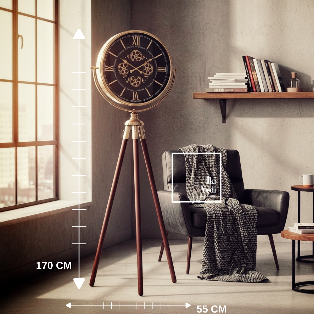 Theon Lüks Tripod Ayaklı Büyük Boy Dekoratif Çarklı Saat 170 cm Ahşap Metal Salon Ofis Zemin Saati