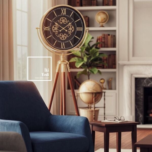 Theon Lüks Tripod Ayaklı Büyük Boy Dekoratif Çarklı Saat 170 cm Ahşap Metal Salon Ofis Zemin Saati