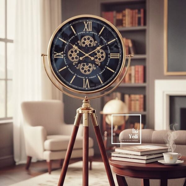 Theon Lüks Tripod Ayaklı Büyük Boy Dekoratif Çarklı Saat 170 cm Ahşap Metal Salon Ofis Zemin Saati