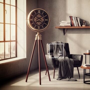 Theon Lüks Tripod Ayaklı Büyük Boy Dekoratif Çarklı Saat 170 cm Ahşap Metal Salon Ofis Zemin Saati