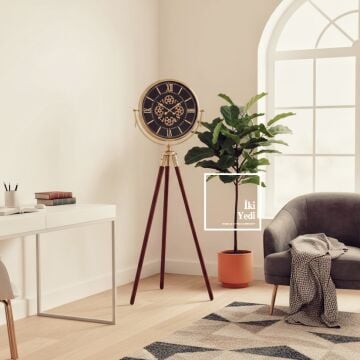 Theon Lüks Tripod Ayaklı Büyük Boy Dekoratif Çarklı Saat 170 cm Ahşap Metal Salon Ofis Zemin Saati