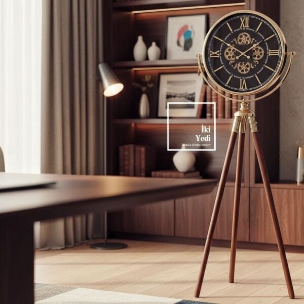 Theon Lüks Tripod Ayaklı Büyük Boy Dekoratif Çarklı Saat 170 cm Ahşap Metal Salon Ofis Zemin Saati