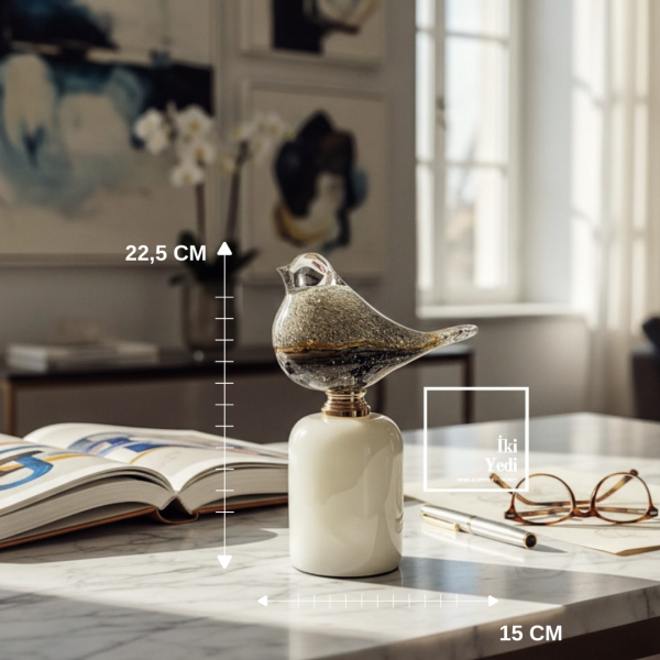 Gracchi 771 Üfleme Cam Kuş Figürü Mermer Kaideli Lüks Dekoratif Obje VIP Ev Ofis Masaüstü Şık Biblo