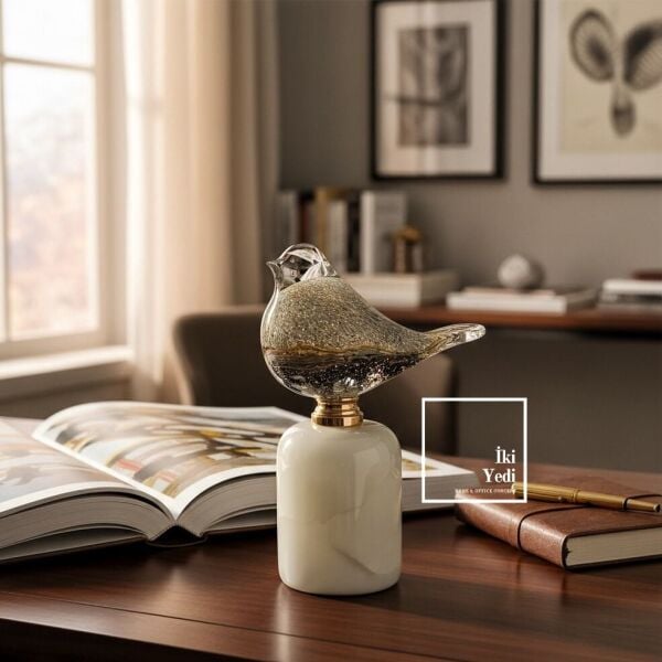 Gracchi 771 Üfleme Cam Kuş Figürü Mermer Kaideli Lüks Dekoratif Obje VIP Ev Ofis Masaüstü Şık Biblo