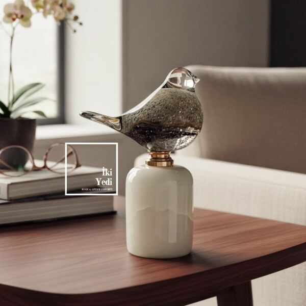 Gracchi 771 Üfleme Cam Kuş Figürü Mermer Kaideli Lüks Dekoratif Obje VIP Ev Ofis Masaüstü Şık Biblo