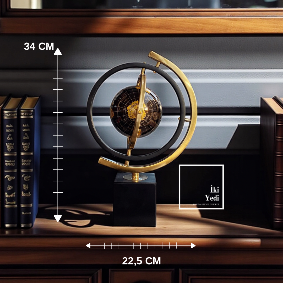 Ortiz Dekoratif Dünya Küresi Obje, Metal Sarı Siyah Masaüstü Globe Ofis Hediyesi ve Ev Dekorasyonu