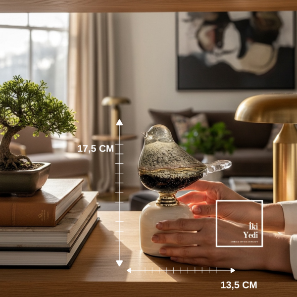 Gracchi 772 Mermer Kaideli Üfleme Cam Kuş Figürü Lüks Dekoratif Obje VIP Ev Ofis Masa Aksesuarı Şık