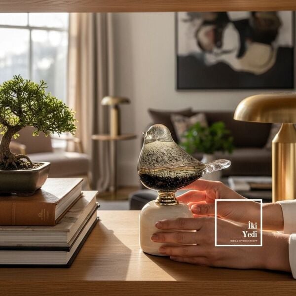 Gracchi 772 Mermer Kaideli Üfleme Cam Kuş Figürü Lüks Dekoratif Obje VIP Ev Ofis Masa Aksesuarı Şık