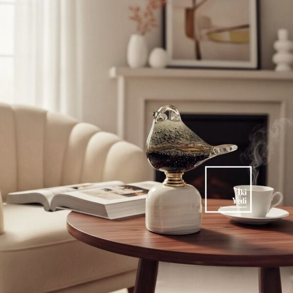 Gracchi 772 Mermer Kaideli Üfleme Cam Kuş Figürü Lüks Dekoratif Obje VIP Ev Ofis Masa Aksesuarı Şık