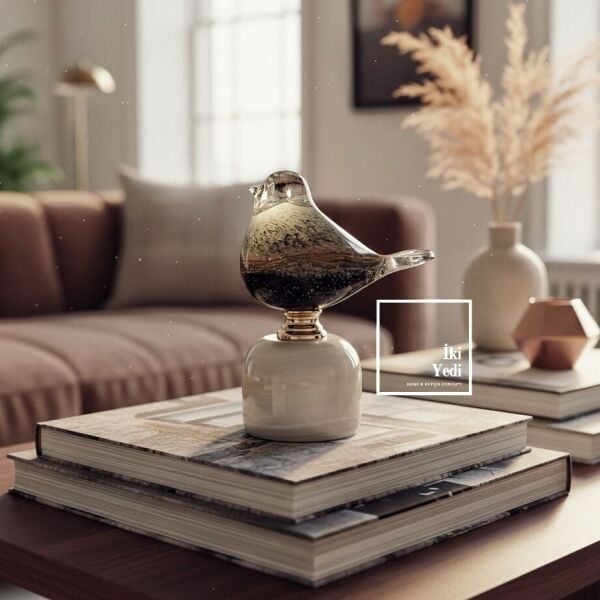 Gracchi 772 Mermer Kaideli Üfleme Cam Kuş Figürü Lüks Dekoratif Obje VIP Ev Ofis Masa Aksesuarı Şık