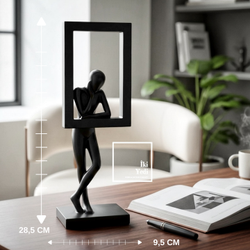 Drusus Modern Düşünen Adam Çerçeveli Heykel Siyah Minimal Dekoratif Obje Ofis Ev Masa Üstü Aksesuar