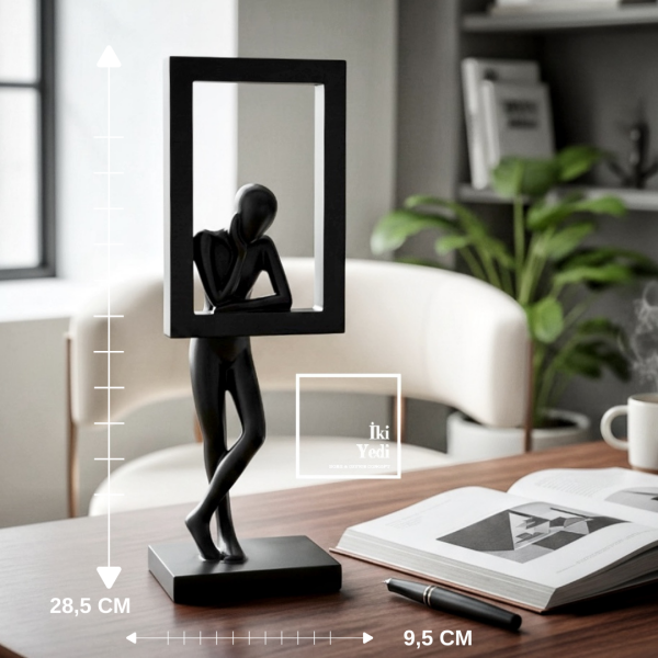 Drusus Modern Düşünen Adam Çerçeveli Heykel Siyah Minimal Dekoratif Obje Ofis Ev Masa Üstü Aksesuar