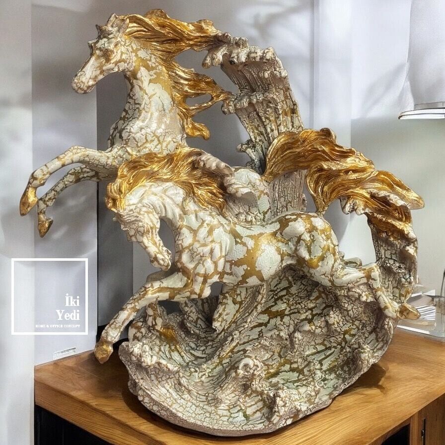 Holce 2'li At Heykeli 46 cm Büyük Ebat Şahlanan ve Koşan Figürler Ev Dekorasyonu Ofis Hediyesi Objeler