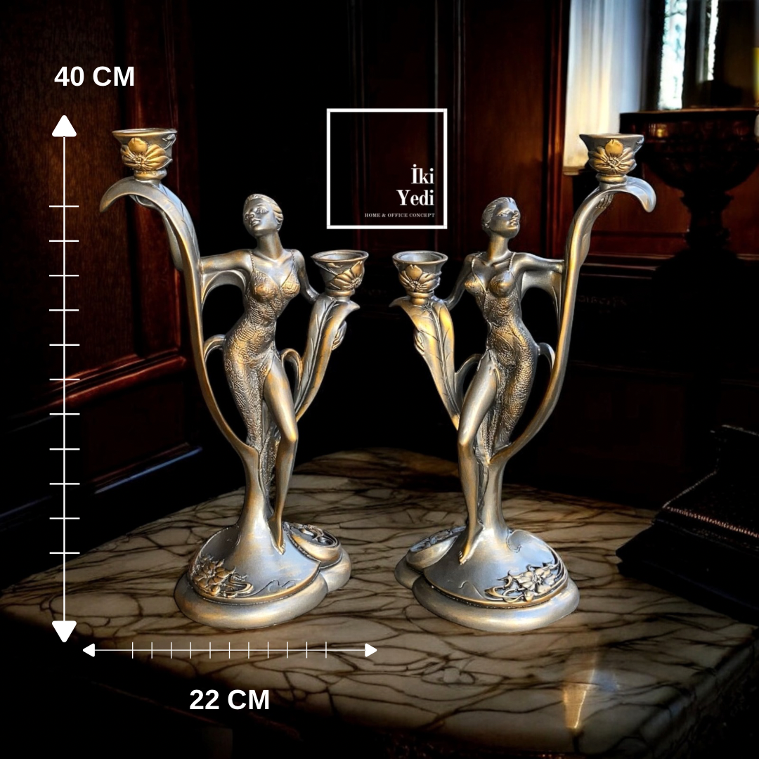 Lindsay Dekoratif Kadın Figürlü 2’li Şamdan Art Deco Lüks Mumluk Salon Antre Şık Dekorasyon Objeler