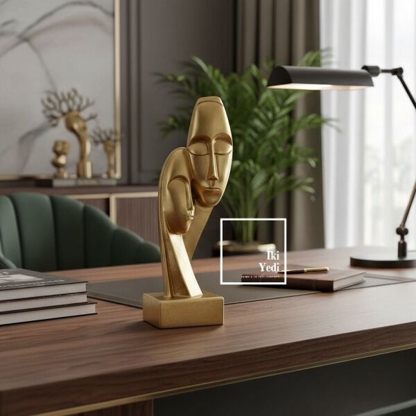 Sanders Modern Altın İkili Yüz Heykeli Soyut Sanat Biblo, Lüks Ev Ofis Masa Üstü Dekoratif Obje Şık