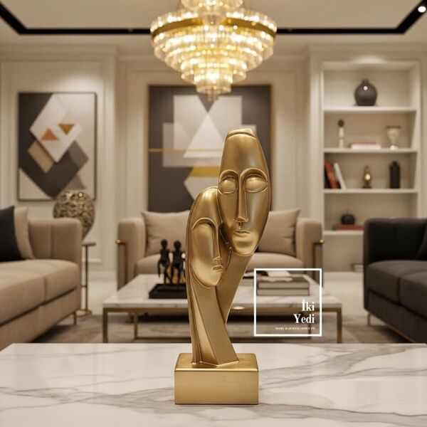 Sanders Modern Altın İkili Yüz Heykeli Soyut Sanat Biblo, Lüks Ev Ofis Masa Üstü Dekoratif Obje Şık
