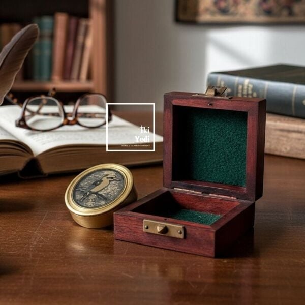 Kookaburra Kuşu Figürlü Vintage Ahşap Kutulu Pirinç Pusula Denizci Tema Dekoratif Antik Hediye Obje