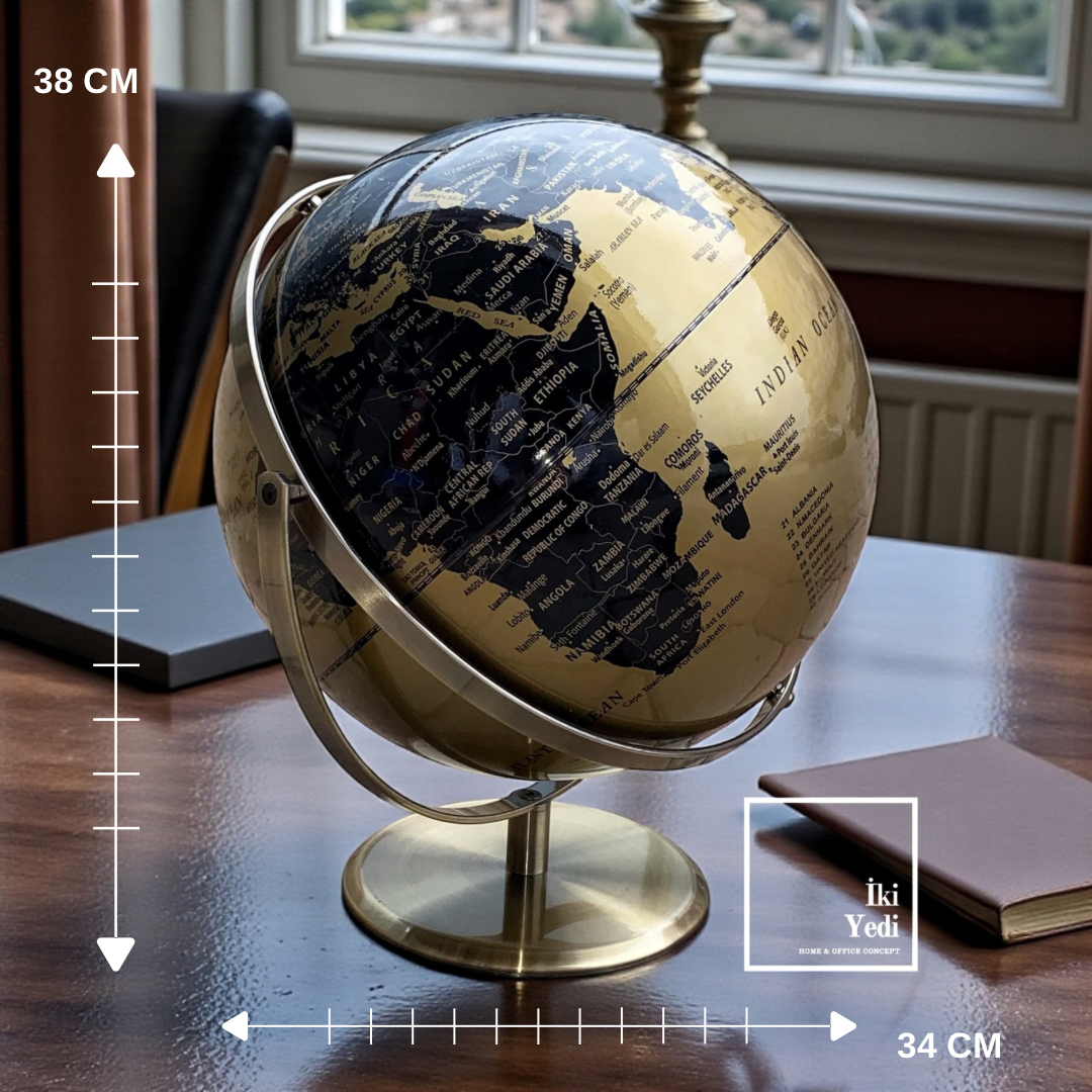Cruz Bronz Renkli 38 cm Metal Ayaklı Dünya Küresi, Siyah Altın Tasarım Ofis Masaüstü Dekoratif Küre