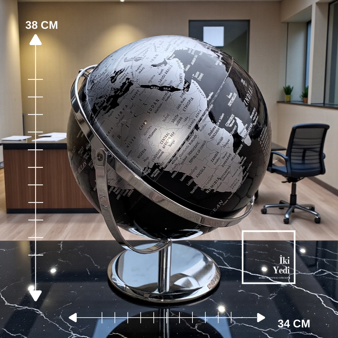 Cruz Gümüş Renkli 38 cm Gri Siyah Dünya Küresi Ofis Masaüstü Dekoratif Küre Ofis Hediyesi Aksesuar