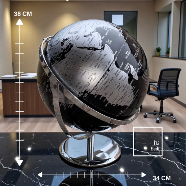Cruz Gümüş Renkli 38 cm Gri Siyah Dünya Küresi Ofis Masaüstü Dekoratif Küre Ofis Hediyesi Aksesuar