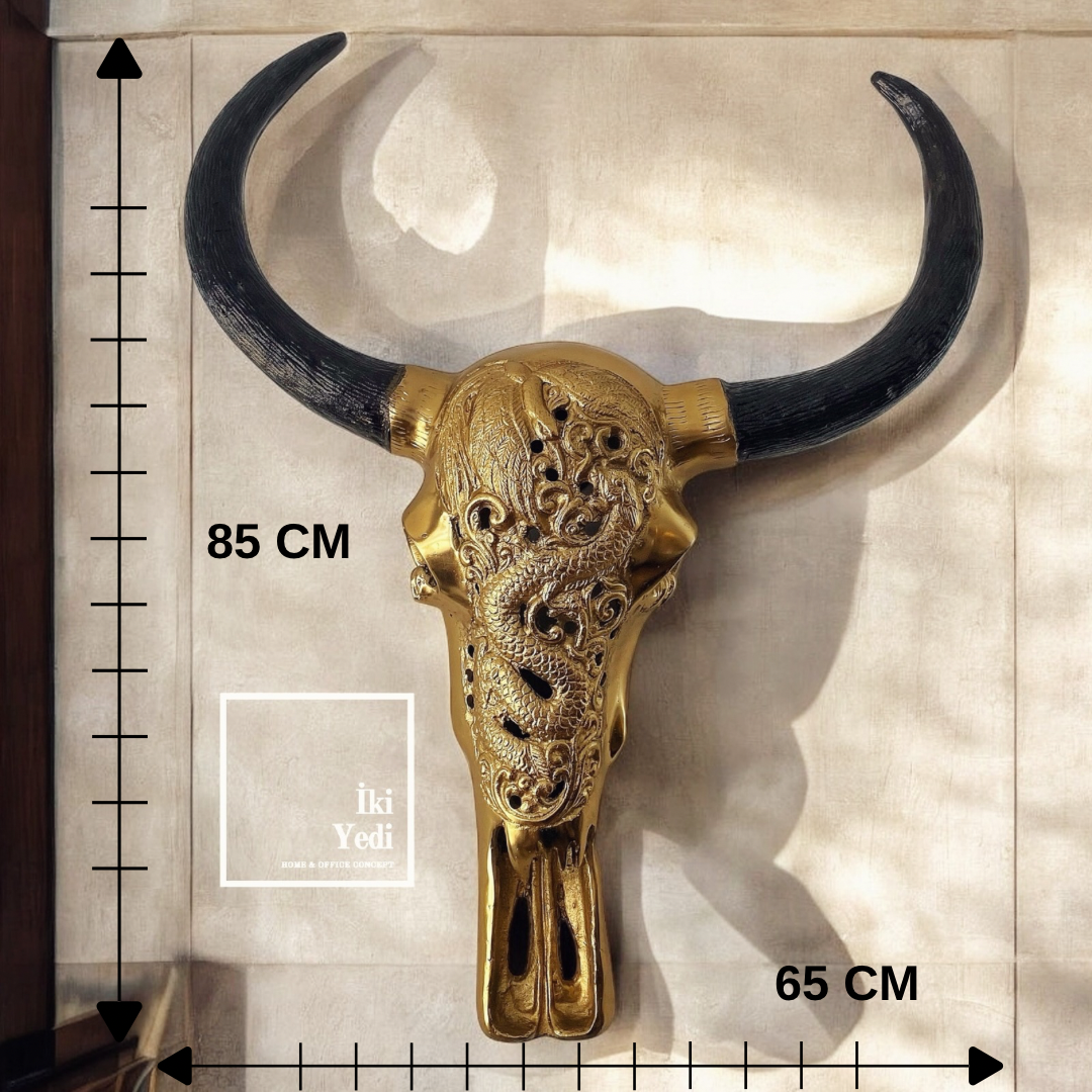 Cognat Metal Boğa Kafası Duvar Dekoru – Ejderha İşlemeli Lüks Bufalo Baş Figürü Ofis Ev Hediyesi