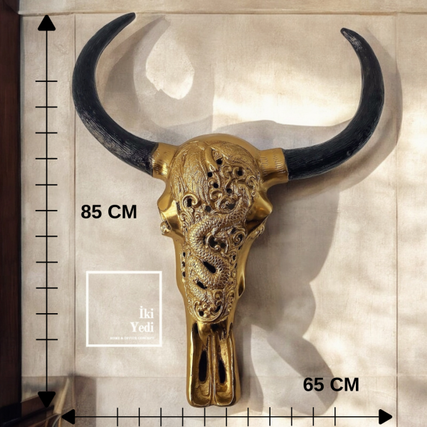 Cognat Metal Boğa Kafası Duvar Dekoru – Ejderha İşlemeli Lüks Bufalo Baş Figürü Ofis Ev Hediyesi