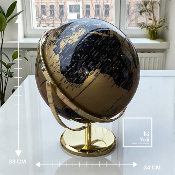 Cruz Gold Renkli 38 cm Altın Siyah Dünya Küresi Ofis Masaüstü Dekoratif Küre Hediyelik Prestij Obje