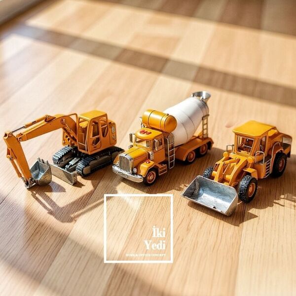 Neymen İnşaat Araçları Seti Ekskavatör, Beton Mikseri, Kepçe Metal Maket İş Makinesi İnşaat Emlak