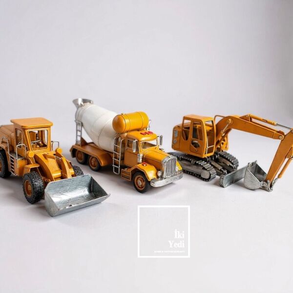 Neymen İnşaat Araçları Seti Ekskavatör, Beton Mikseri, Kepçe Metal Maket İş Makinesi İnşaat Emlak