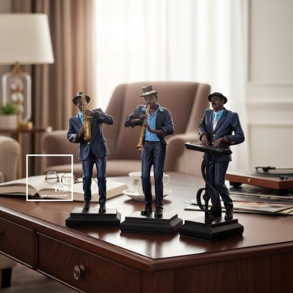 Cocles Jazz Müzisyen Biblo Seti 3’lü, Saksafon Klarnet Piyano Figür Ev Ofis Dekor Hediye Obje Lüks