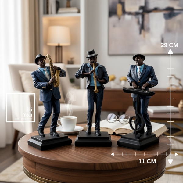 Cocles Jazz Müzisyen Biblo Seti 3’lü, Saksafon Klarnet Piyano Figür Ev Ofis Dekor Hediye Obje Lüks