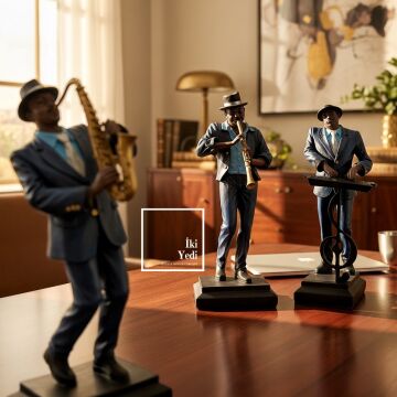 Cocles Jazz Müzisyen Biblo Seti 3’lü, Saksafon Klarnet Piyano Figür Ev Ofis Dekor Hediye Obje Lüks