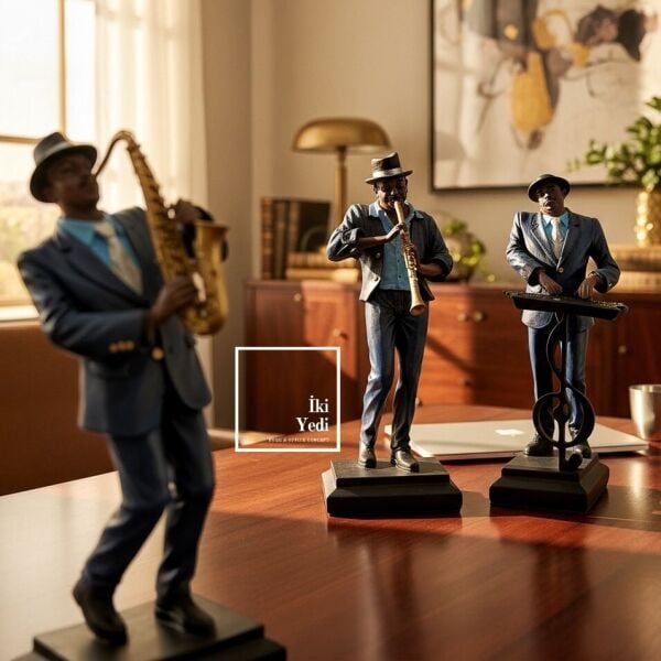Cocles Jazz Müzisyen Biblo Seti 3’lü, Saksafon Klarnet Piyano Figür Ev Ofis Dekor Hediye Obje Lüks