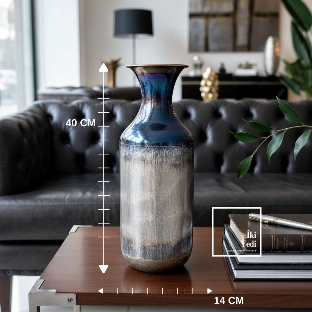 Hoffman Modern Metal Dekoratif Vazo 40 cm Mavi Gümüş Geçişli Salon Ofis Masa Üstü Büyük Boy Obje