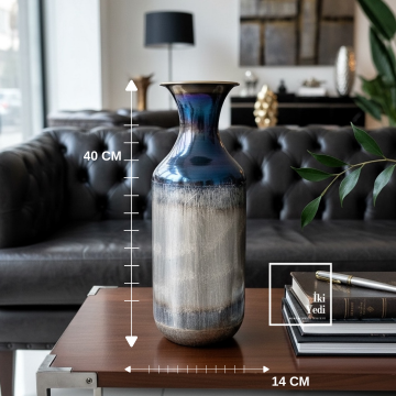Hoffman Modern Metal Dekoratif Vazo 40 cm Mavi Gümüş Geçişli Salon Ofis Masa Üstü Büyük Boy Obje