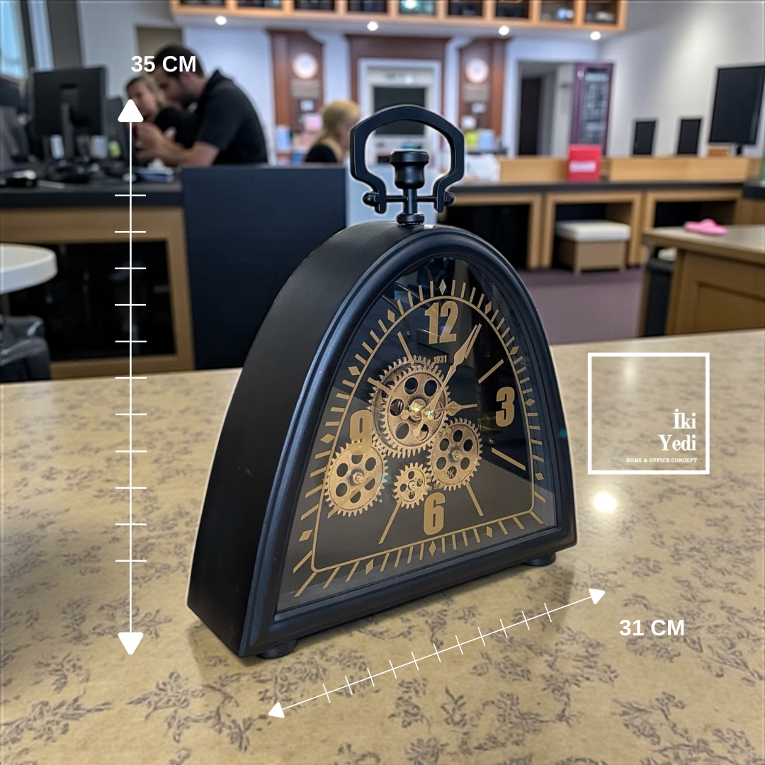Chadrauc Siyah Metal Masa Saati – Dişli Çarklı Retro Tasarım, Dekoratif Salon ve Ofis Saati Hediye